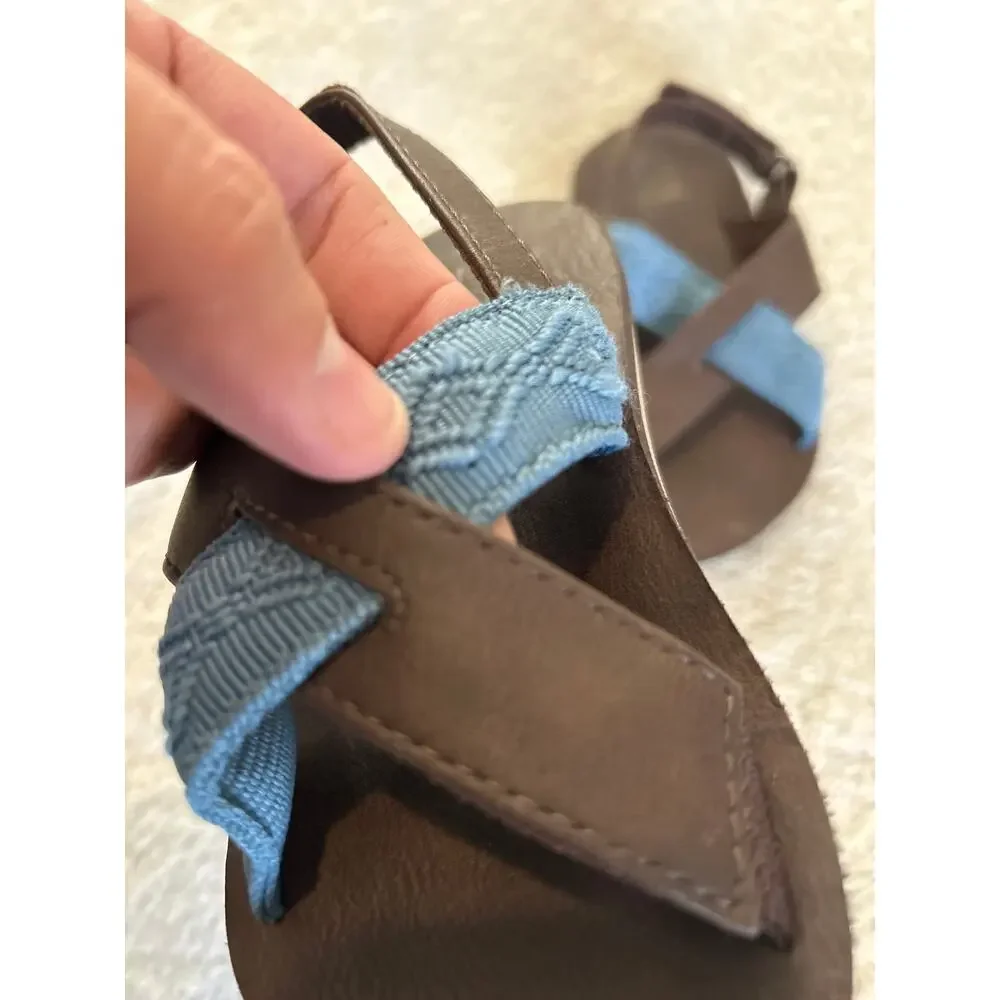 Reef Flip Flops 7/8 Toddler Brown Blue Embroidered Strap Back Hook and Loop
